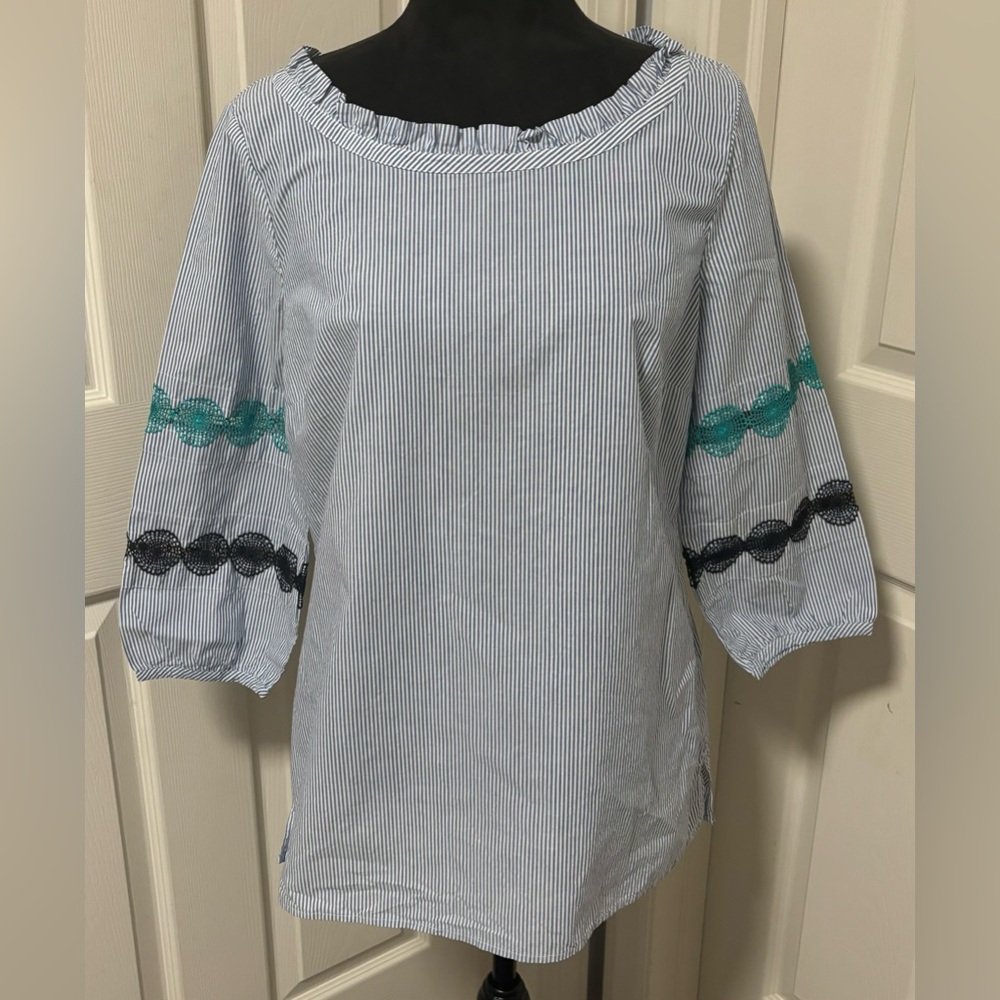 Talbots Lace Trim Stripe Popover - Picture 2 of 9
